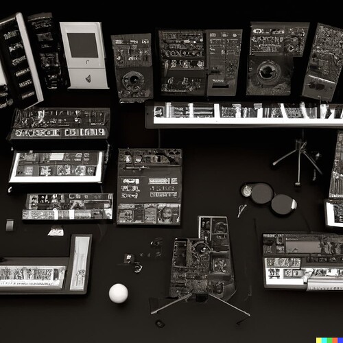 DALL·E 2022-08-13 12.00.55 - A space-age gallery of futuristic instruments, keyboards and synthesizers, zbrush, gi render, highly detailed, photorealistic