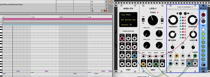 stoermelder 8FACE mk2 module controlling parameters on a Macro Oscillator 2 module triggered by a MIDI drum pattern in Ableton Live