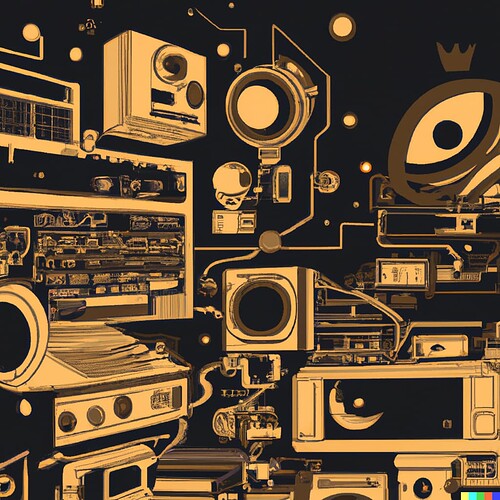 DALL·E 2022-08-13 12.00.48 - A space-age gallery of futuristic instruments, keyboards and synthesizers