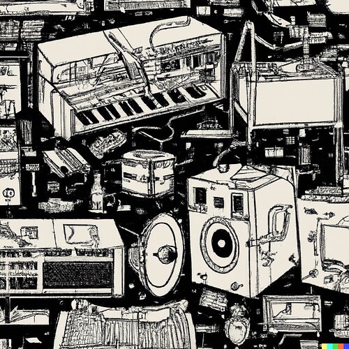 DALL·E 2022-08-13 12.00.27 - A space-age gallery of futuristic instruments, keyboards and synthesizers