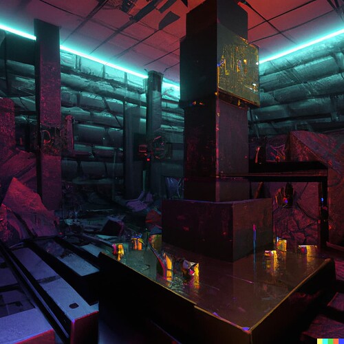 DALL·E 2022-08-13 11.59.55 - A photorealistic render of a cavern filled with arcane synthesizers and cyberpunk lighting