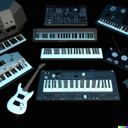 DALL·E 2022-08-13 12.01.11 - A space-age gallery of futuristic instruments, keyboards and synthesizers, zbrush, gi render, highly detailed, photorealistic