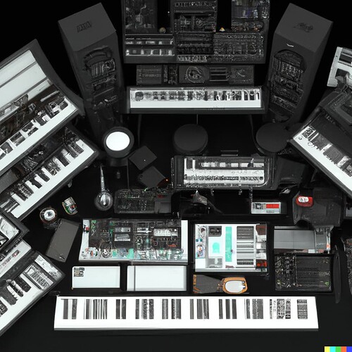 DALL·E 2022-08-13 12.01.03 - A space-age gallery of futuristic instruments, keyboards and synthesizers, zbrush, gi render, highly detailed, photorealistic