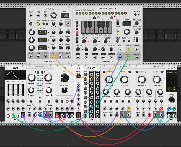 VCV Rack 2 patch showing the use of Audible Instruments Resonator as a sort of spring reverb
