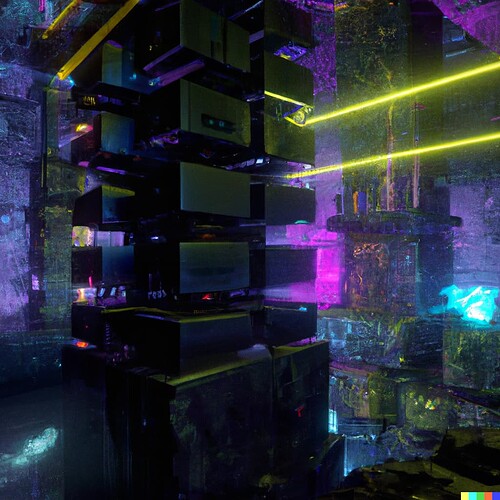 DALL·E 2022-08-13 12.00.21 - A photorealistic render of a cavern filled with arcane synthesizers and cyberpunk lighting