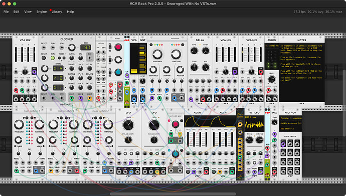VCV Rack patch which generates a slap bass note sequence thing with simple drums.