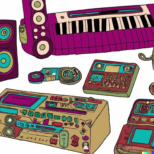 DALL·E 2022-08-13 12.00.42 - A space-age gallery of futuristic instruments, keyboards and synthesizers