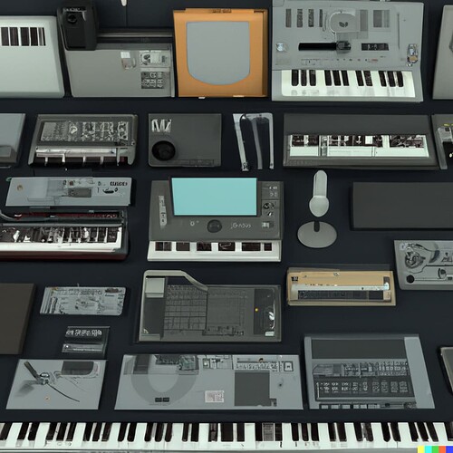 DALL·E 2022-08-13 12.01.18 - A space-age gallery of futuristic instruments, keyboards and synthesizers, zbrush, gi render, highly detailed, photorealistic