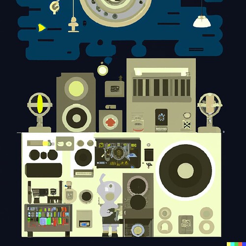 DALL·E 2022-08-13 12.00.34 - A space-age gallery of futuristic instruments, keyboards and synthesizers