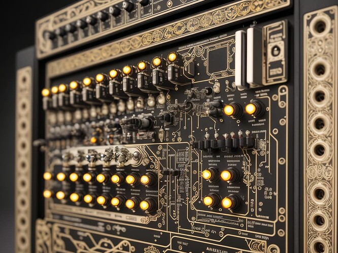 01629-276011521-closeup, an ornate intricate modular eurorack module, Alphonse Mucha, multicolour art deco, knobs, led lights, patch cables, sma