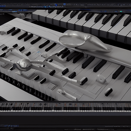 A space-age gallery of futuristic instruments, keyboards and synthesizers, zbrush, gi render, highly detailed, photorealistic