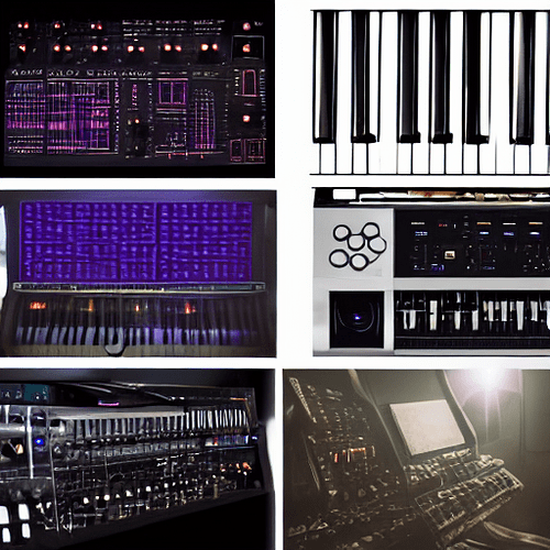 futuristic and arcane instruments and synthesizers with glowing buttons and dials and lots of wires (3)