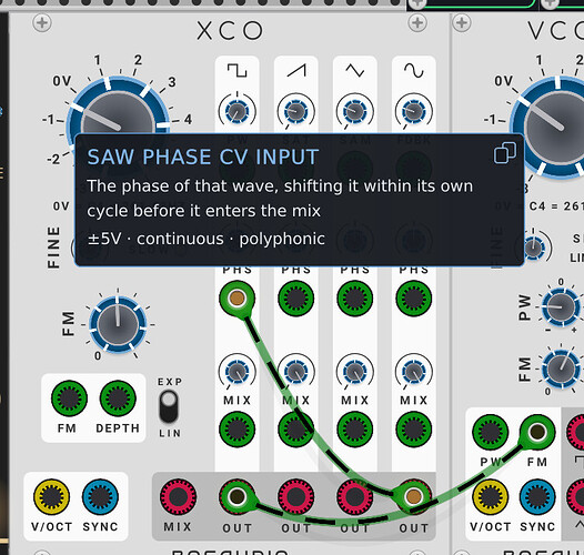 A note in VCV Rack beside the SAW PHS input on Bogaudio's XCO, reading: Saw phase CV input. The phase of that wave, shifting it within its own cycle before it enters the mix. Plus or minus 5V, continuous, polyphonic.