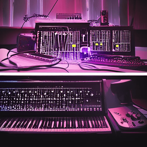 futuristic and arcane instruments and synthesizers with glowing buttons and dials and lots of wires (1)