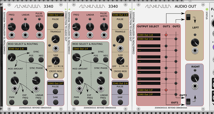 Two 3340 VCOs and VCA modules