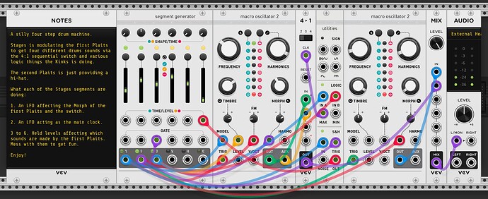 Stages and Plaits four step drum machine VCV Rack 2 patch