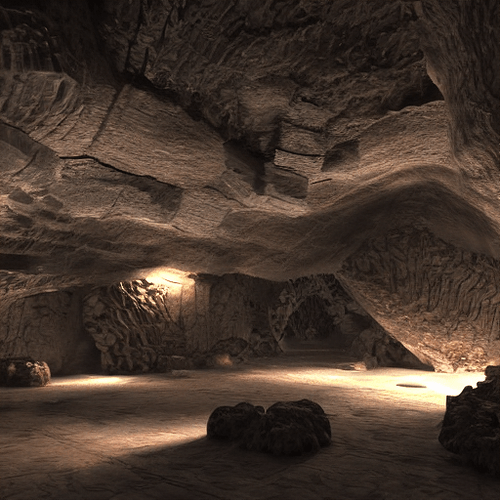 A photorealistic render of a cavern filled with arcane synthesizers and cyberpunk lighting